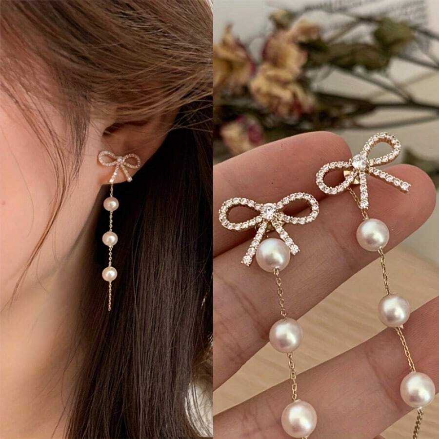 Par de pendientes de perlas con borlas en forma de lazo para mujer, pendientes de lujo con cierre, pendientes de clip para fiesta, boda, joyería nupcial, regalo