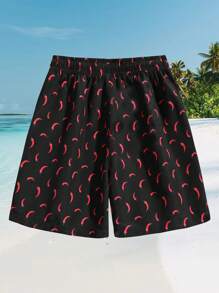 Men's Summer Casual Chili Print Beach Shorts, Beach Holiday Wear