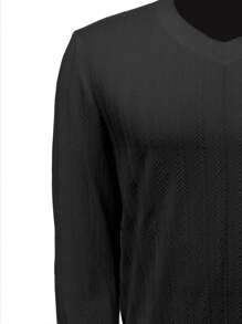 男士 V 领长袖 T 恤 - 休闲黑色提花针织，弹性轻盈，适合春秋季户外穿着