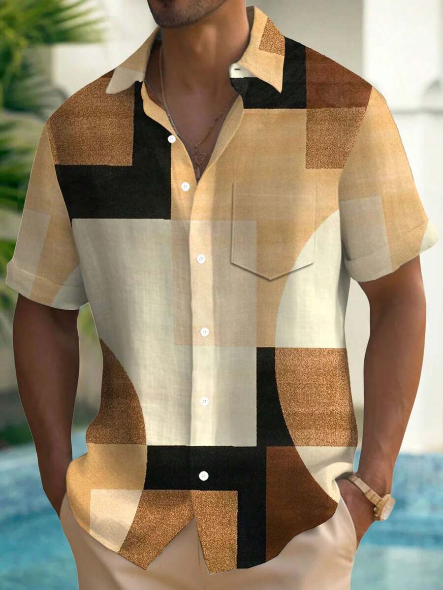 Vintage Geometric Colorblocked 3D Print Men's Button-Down Short Sleeve Shirt - Khaki - View 1