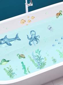 6 Sheets Marine Animals The Sea Wall Decals Ocean Fish Wall Stickers Watercolor Ocean Animal Jellyfish Turtle Whale Starfish Seaweed Wall Decor Ocean Themed DIY Removable Peel And Stick Wallpaper For Nursery Bathroom Home Bathroom Decor Bath Rug Floor Carpet Fall Decor Bathroom Accessories