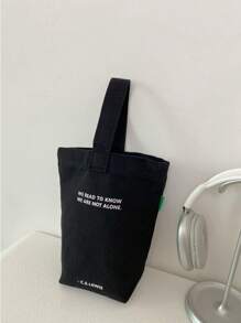 Sac à main mode minimaliste pour femmes, sac fourre-tout en canevas décontracté et petit, sac carré léger et pliable avec design graphique en lettres noires, peut contenir des clés, une bouteille d'eau, un téléphone et des articles personnels, convient pour les voyages et les promenades avec des animaux de compagnie