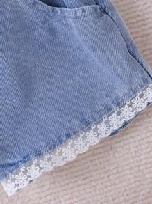 2pcs Baby Girl Floral Lace Hollow-Out Short Sleeve Blouse & Denim Shorts Set, Spring/Summer - White - View 8