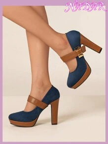 Women's Color Block Round Toe Thick Heel Decor Platform High Heels, Elegant Fashion Date Shoes For Spring/Summer - Navy Blue - View 6