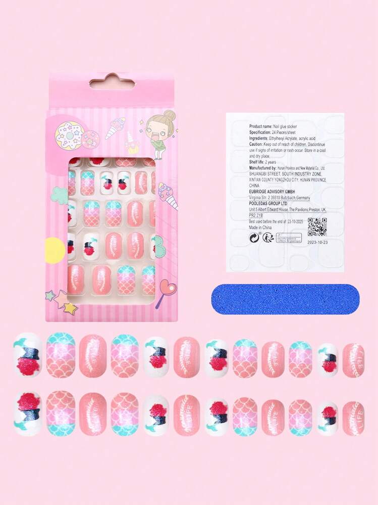 Press On Nails 24pcs 12 Sizes Oval Mermaid Pattern False Nails Fake Nails Little Girls Press On Short Artificial False Nails Cute Pre-Glued Full Cover Acrylic Nail Set For Little Girls Nail Decoration Nail Art Supplies - Multicolor - View 7