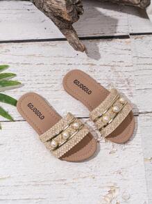1 Pair Girls Artificial Button Decor Anti-Slip Round Toe Flat Sandals, Fashion Casual Beach Daily Wear