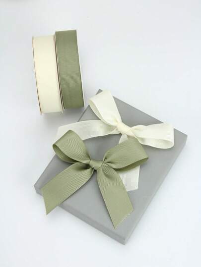 2 Rolls High Density Polyester Grosgrain Ribbon In Beige And Matcha Green, Valentine's Day Flower Gift Wrapping, Cake Decor Bow, Handcraft DIY Jewelry Ribbon