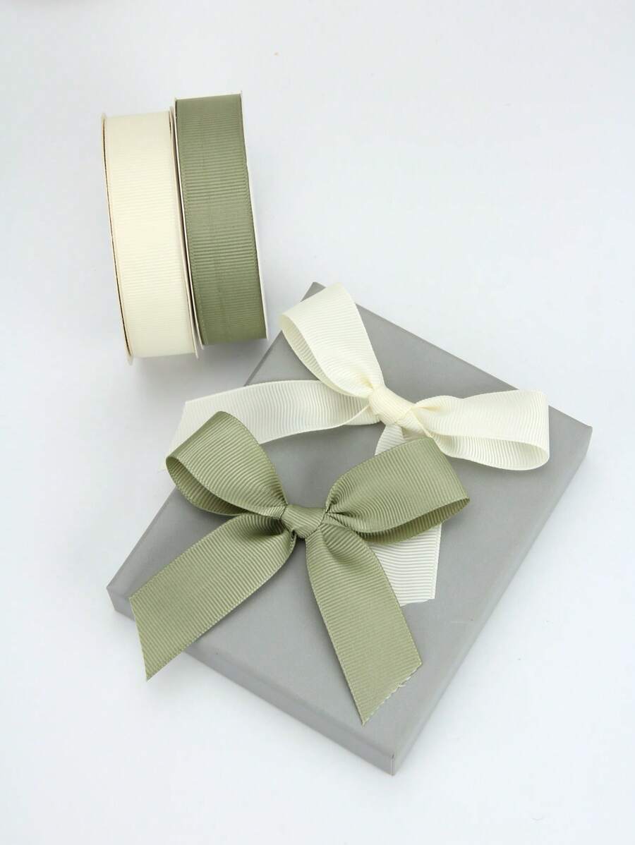 2 Rolls High Density Polyester Grosgrain Ribbon In Beige And Matcha Green, Valentine's Day Flower Gift Wrapping, Cake Decor Bow, Handcraft DIY Jewelry Ribbon