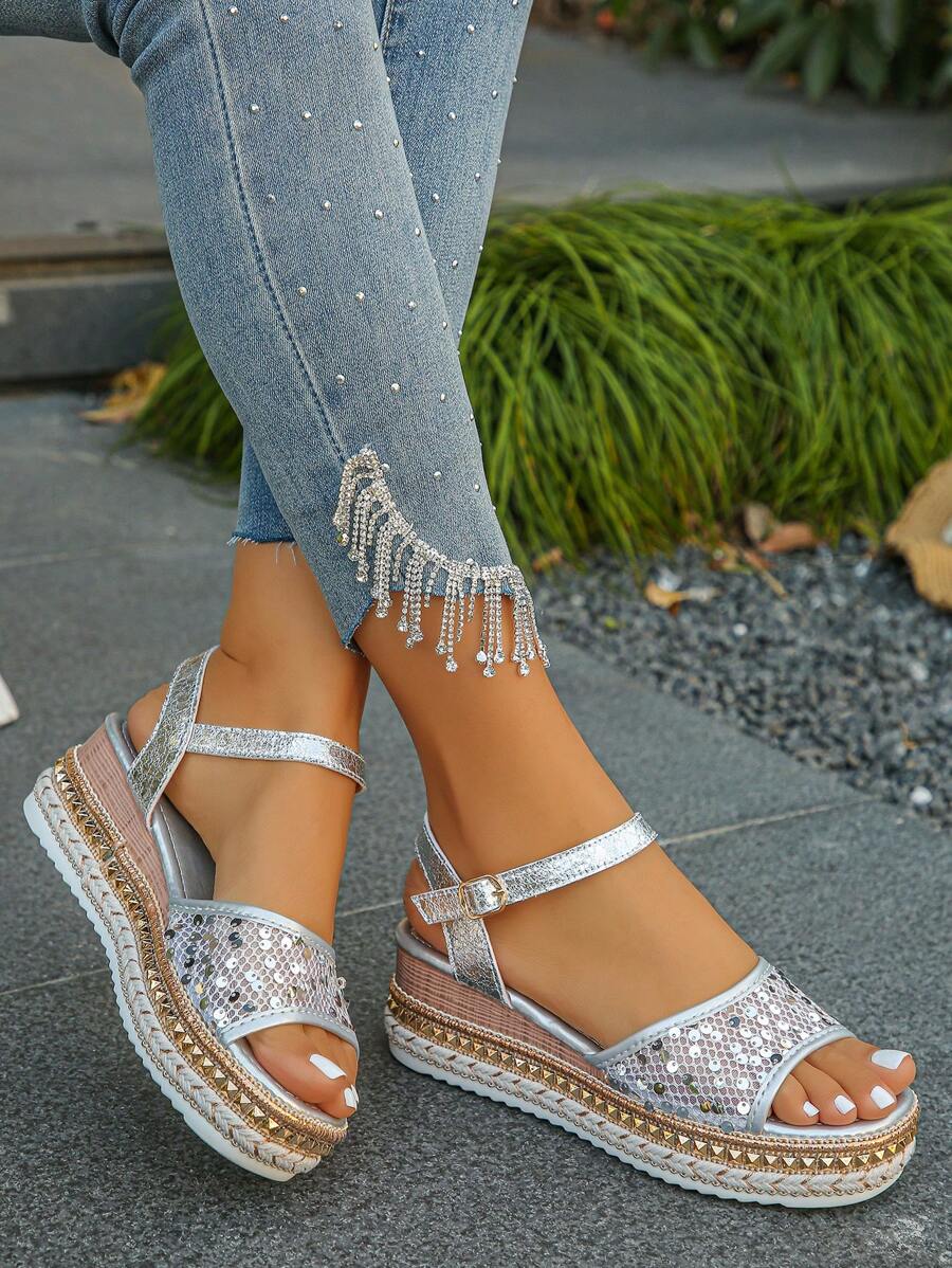 Giày sandal đế xuồng bằng vải lanh mùa hè cỡ lớn 36-43 đế dày đế xuồng lưới bạc đính đá lấp lánh, đế dày cho nữ, mặc hàng ngày, tăng chiều cao - Bạc - Xem 1