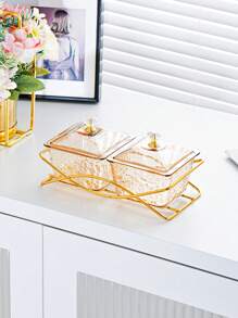 1 Set Luxury Snack Serving Plate, Wavy Pattern Dishes, Plastic Nut & Candy Tray With Lid On Golden Tray, Decorative Partition Display For Living Room Coffee Table, Suitable For Ramadan