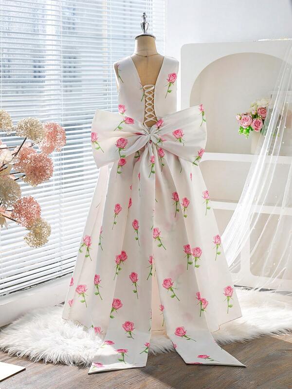 Sukienka dla dziewczynek z nadrukiem kwiatowym, odkryta, z dużą kokardą, dla dziewczynek, odpowiednia na bal, wesele, wieczorne przyjęcie, urodziny