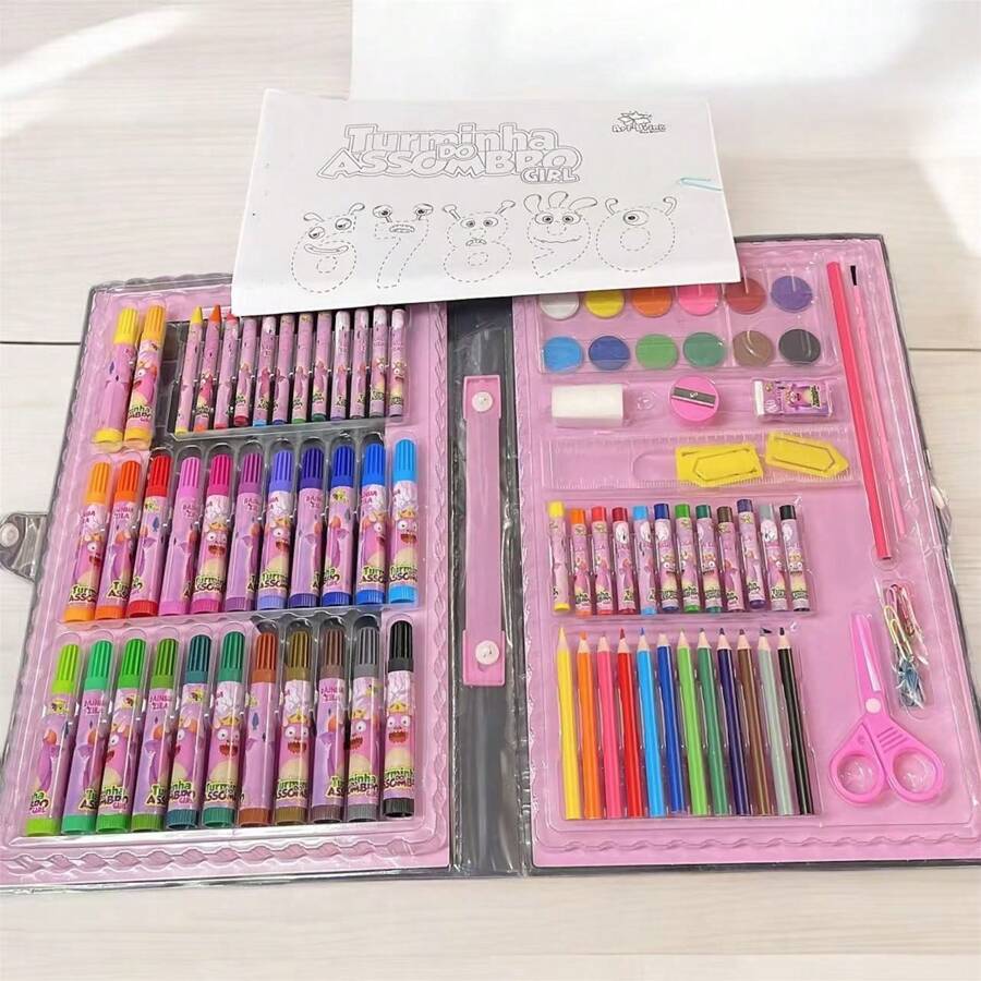 24/ 48/ 94 Peças Kit Maleta Escolar Canetinha Lapis Cor Giz Infantil - Rosa chiclete - Visão 1