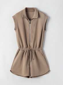 Astylish Rompers For Women Summer Casual Short Sleeve Zip Front Drawstring Waist Romper Textured Cropped Jumpsuit Vacation Outfit