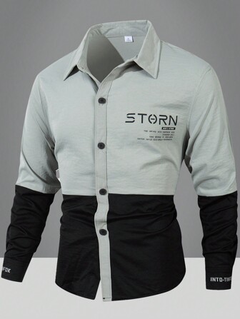 男士户外运动休闲徒步钓鱼时尚拼布印花透气单排扣工装衬衫，春夏