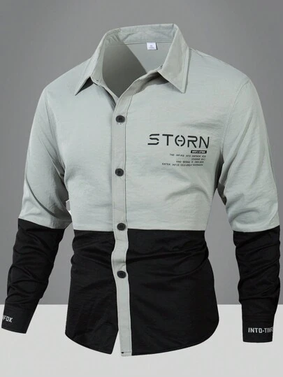 男士户外运动休闲徒步钓鱼时尚拼布印花透气单排扣工装衬衫，春夏