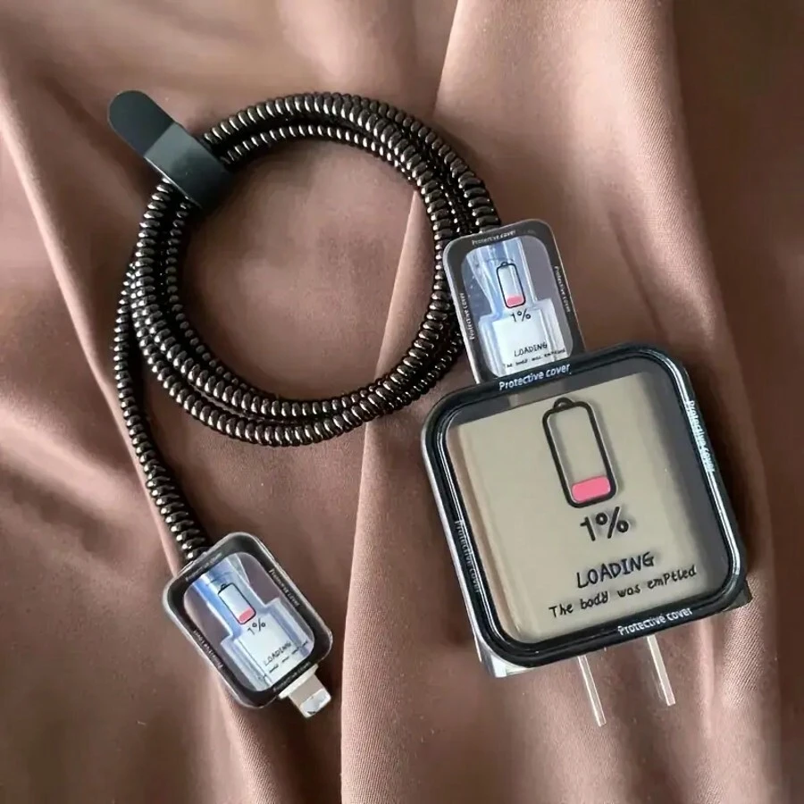 5 件卡通 Lightning 充电器保护壳,适用于 14 Pro Max、手机充电线防断保护套、20W 快速充电适配器屏蔽罩、绕线保护线保护器 - 電量不足 - 查看 1