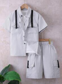 Boys' Casual Striped Shirt & Drawstring Set, For Summer - Light Grey - View 1