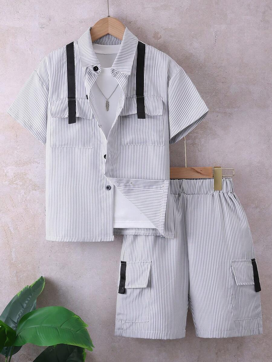 Boys' Casual Striped Shirt & Drawstring Set, For Summer - Light Grey - View 1