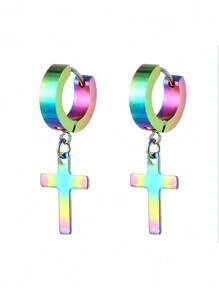 男士钛钢十字耳环，不锈钢朋克风耳环 - 彩色 - 查看 11