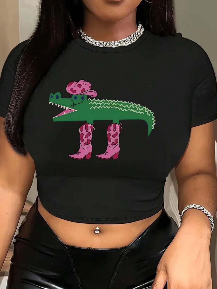 Graphic Printed Short T-Shirt, Y2K Spring And Summer Short-Sleeved Crop Top, Women's Top - 黑色 - 查看 1