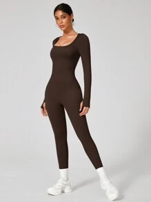 NcmRyu 1 Set Seamless Women Solid Color Long Sleeve Jumpsuit With Tight Fit U Neckline Comfortable Activewear For Fitness Gym Running And Outdoor Activities Summer Conjunto Deportivo Mujer - 棕色 - 查看 2