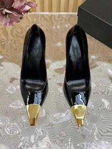 Giày cao gót mũi nhọn bằng da bóng màu đen, kiểu dáng slip-on, thích hợp cho công sở, thiết kế gợi cảm mới năm 2024, gót nhọn. - màu đen - Xem 3