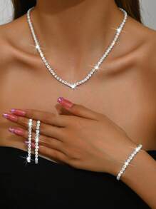 1set Elegant Glitter Collarbrone Necklace, Earrings, And Bracelet Jewelry Set, Suitable For Women To Wear In Daily Life, Wedding, Banquet And Party