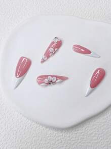 10片白色法式杏仁形优雅美甲贴片，3D花朵水钻装饰假指甲，适合节日和日常佩戴，是送给女性和女孩的绝佳礼物，手工按压式美甲贴片 - 粉色 - 查看 4