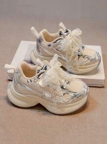春季新款女童运动鞋，带珍珠、蕾丝和蝴蝶结装饰，儿童跑步鞋，中童休闲透气网眼运动鞋，轻便校园学生幼儿鞋 - 米色 - 查看 3