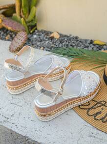 Giày sandal đế xuồng bằng vải lanh mùa hè cỡ lớn 36-43 đế dày đế xuồng lưới bạc đính đá lấp lánh, đế dày cho nữ, mặc hàng ngày, tăng chiều cao - Bạc - Xem 7