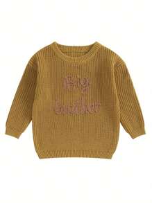 Toddler Baby Girl Boy Long Sleeve Knit Sweater Brothers Letter Embroidery Round Neck Pullover Fall Winter Tops - Màu vàng - Xem 1