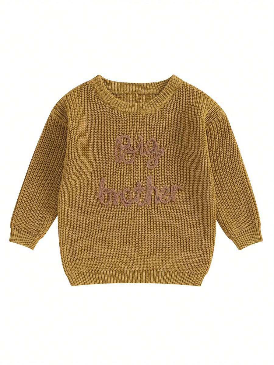 Toddler Baby Girl Boy Long Sleeve Knit Sweater Brothers Letter Embroidery Round Neck Pullover Fall Winter Tops - Màu vàng - Xem 1