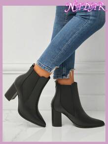 女士时尚尖头粗跟一脚蹬切尔西靴，户外通勤仿皮美式短靴，秋冬，女靴 - 黑色 - 查看 8