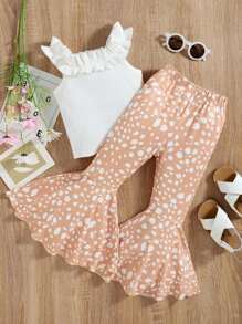 Conjunto de 2 piezas de niña compuesto por top de tirantes con aplicación de encaje floral en unicolor y pantalones acampanados estampados