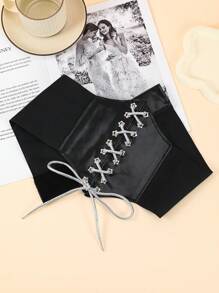 1 件女式弹性腰带，带骷髅和蝙蝠印花装饰，可调节腰带，适用于外套、羽绒服，紧固件闭合 - 腰封 - 查看 4