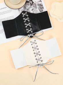 1 件女式弹性腰带，带骷髅和蝙蝠印花装饰，可调节腰带，适用于外套、羽绒服，紧固件闭合 - 腰封 - 查看 1