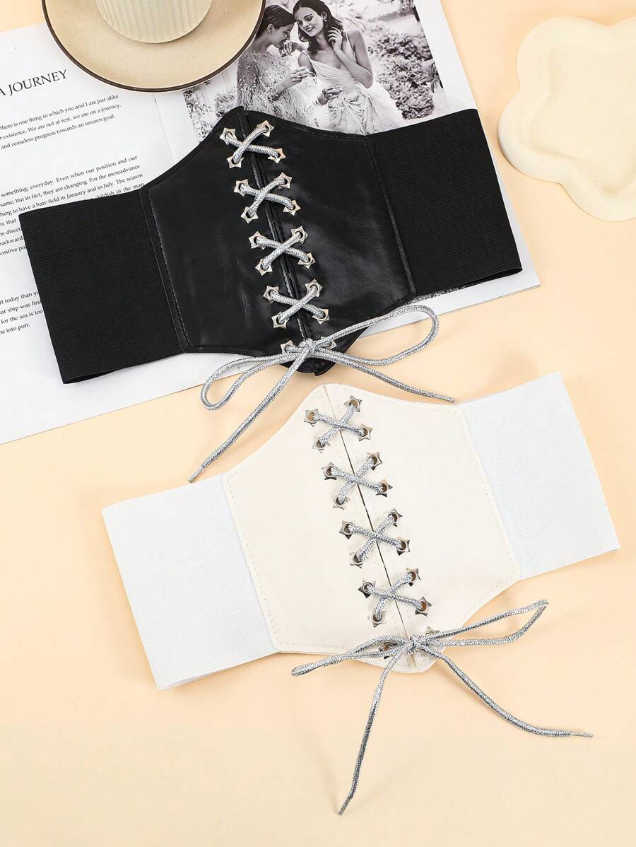 1 件女式弹性腰带，带骷髅和蝙蝠印花装饰，可调节腰带，适用于外套、羽绒服，紧固件闭合 - 腰封 - 查看 1