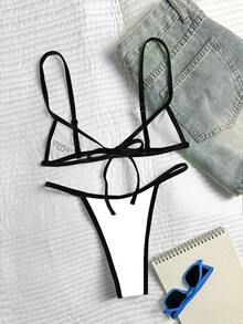 纯色性感挂脖系带开衩三角比基尼，女士夏季沙滩泳装度假白色 - 白色 - 查看 3