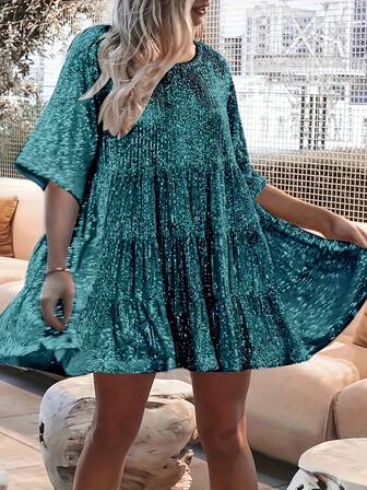 Plus Size Women's Solid Color Sequin Embellished Round Neck Loose Short Sleeve Babydoll Dress
