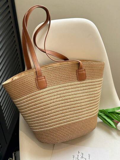 Bolso de playa estilo tote de paja de moda para mujeres, bolso de cubo de gran capacidad para el hombro, versátil para oficina, trabajo y viajes
