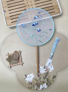 1 Stück vintage Handventilator, chinesischer runder Fächer mit Seide-Stickerei, Kranich-Blumen Heim- und Raumdekoration, Tanzfächer mit Quasten, Party-Requisiten, Weihnachts-, Valentinstags- und Neujahrgeschenk