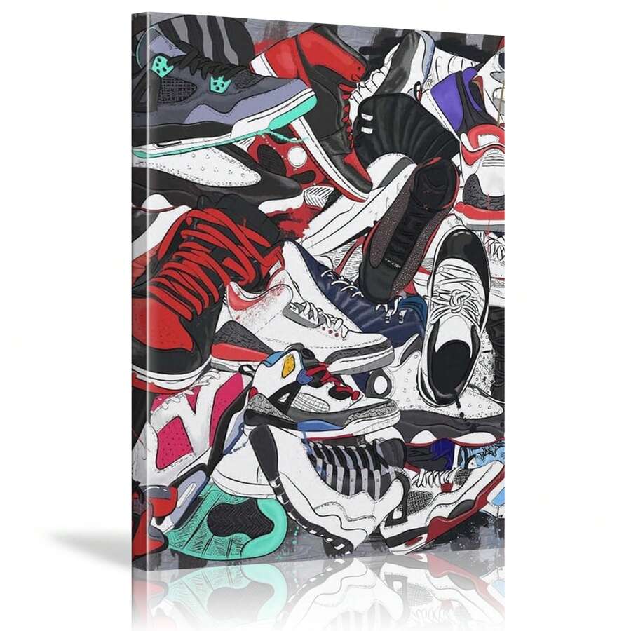 1pcs Framed Fashion Aesthetic Sneakers Art Poster Painting Canvas Print, Cool Shoe Store Decoration Suitable For Living Room Bathroom Bedroom Hotel Apartment Villa Gallery Teenager Room Shopping Mall Shoe Cabinet Classroom Home Office Wall Decoration Ready To Hang - 彩色 - 查看 1