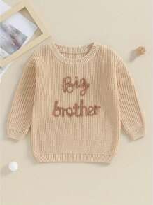 Toddler Baby Girl Boy Long Sleeve Knit Sweater Brothers Letter Embroidery Round Neck Pullover Fall Winter Tops - 卡其色 - 查看 2
