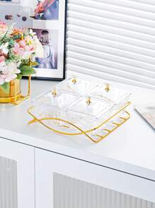 1 Set Luxury Snack Serving Plate, Wavy Pattern Dishes, Plastic Nut & Candy Tray With Lid On Golden Tray, Decorative Partition Display For Living Room Coffee Table, Suitable For Ramadan