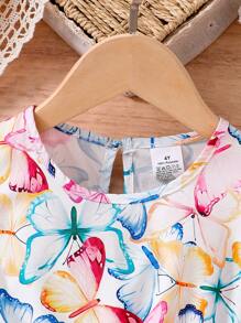 Girls Spring/Summer Cute & Stylish Butterfly Print Dress, Round Neck Cap Sleeve, Children Casual Comfortable Soft Outdoor Activity Party Holiday Elegant Dress, Girl Summer Outfit