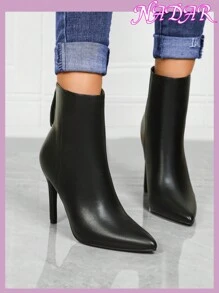 2024 Autumn/Winter New Fashionable Sexy Pointed Toe 10cm Thin High Heel Ankle Boots, PU Material, Commuting, Back Zipper, Non-Slip, Slimming Design - Black - View 2