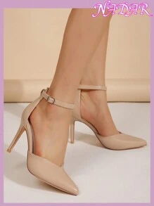 女士新款简约 PU 镂空尖头踝带高跟鞋，婚礼派对日常穿着，春秋季节纯色高跟鞋 - 杏色 - 查看 5