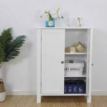 Modern Batoom Floor Storage Cabinet In White With Adjustable Shelves And Double Doors