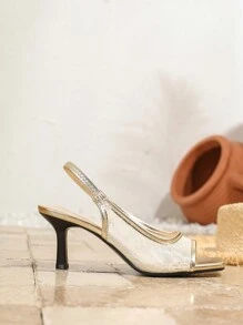 女士蕾丝花朵镂空网眼凉鞋，性感金色方头细高跟鞋，夏季 - 銀色 - 查看 5