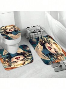 1/4 Pcs Letter Print Shower Curtain Set With Anti-Slip Bath Mat Carpet, Polyester Washable Bathroom Decor Curtains, Window Curtain, Size 70.8" X 70.8"